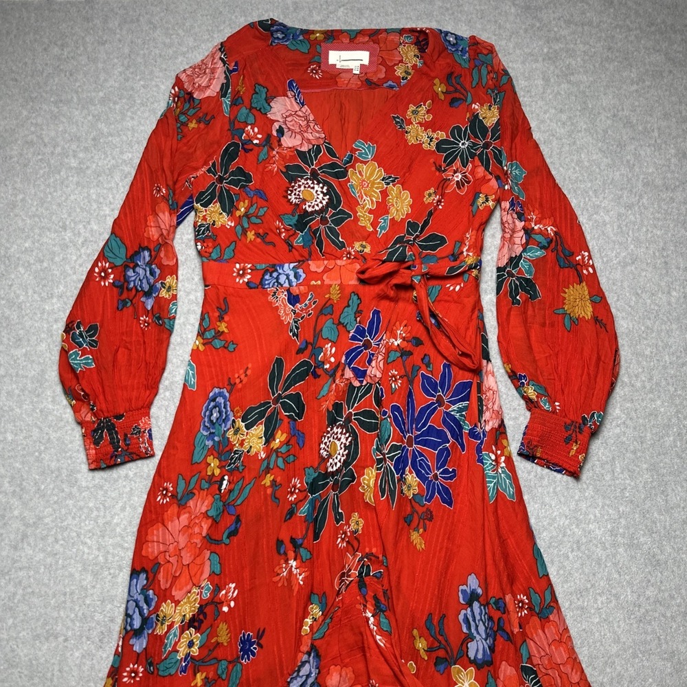 Anthropologie Boswell Textured Wrap Tunic Dress Red Floral Woman's Sz 12 - Picture 5 of 12
